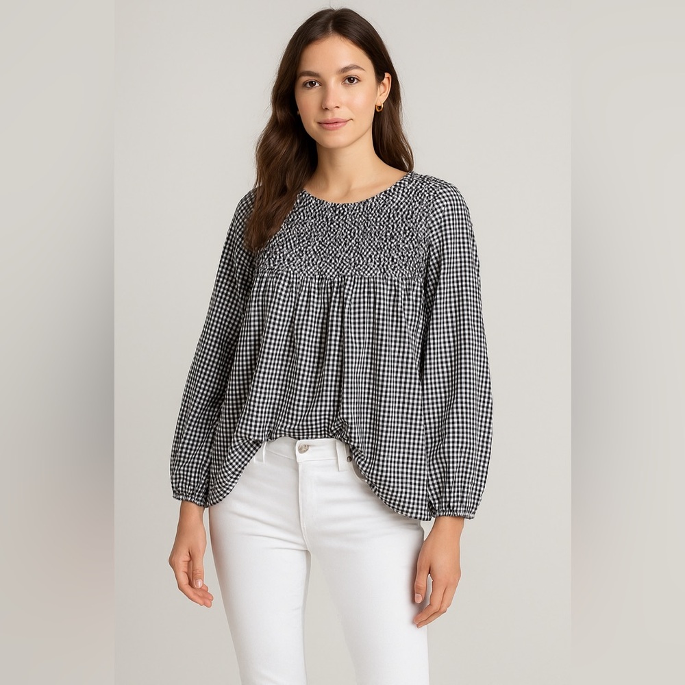 Tyler Böe Smocked Gingham Tunic Top – Black White Check, Size M